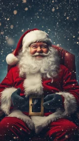 Smiling Santa Claus in red suit holding golden belt buckle.
