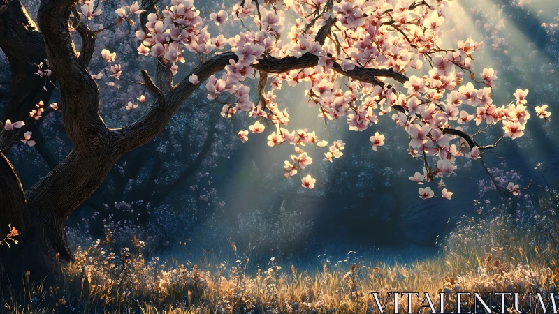 Flowering tree branch extends over shaded forest clearing