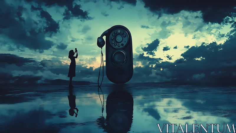 Dreamy shoreline encounter with a giant vintage telephone.