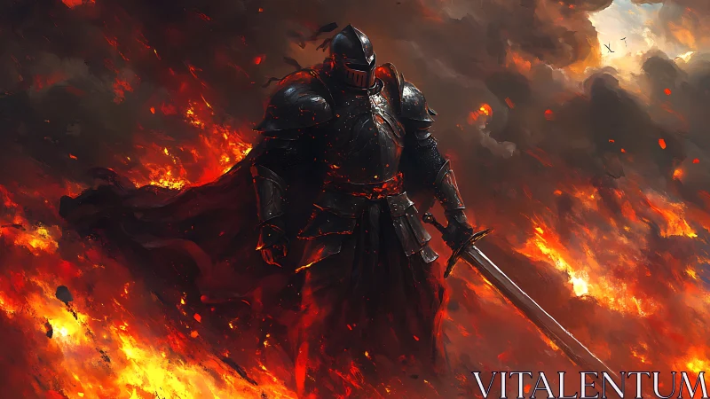 Armored knight stands amid dense fire and drifting smoke