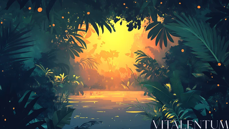Luminous jungle lagoon glows beneath a radiant sunrise.