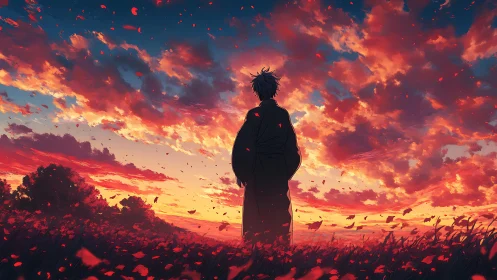 Solitary dreamer pauses in a glowing sunset field of petals