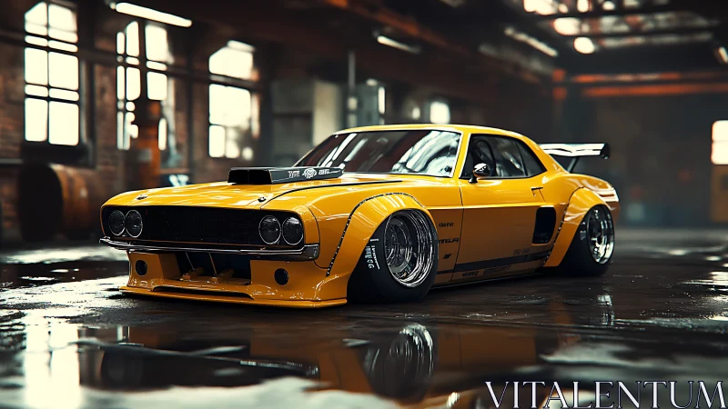 Widebody yellow muscle car gleams in gritty warehouse scene.