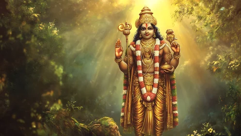 Deified golden figure in volumetric forest light rendering.