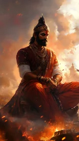 Firelit warrior king in crimson meditation above embers.