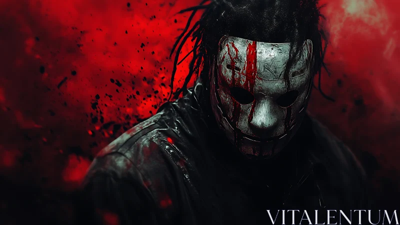 Masked figure with blood-smeared faceplate in high-contrast red haze