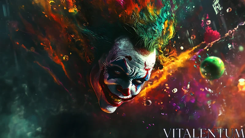 Neon-chaos clown portrait in explosive chromatic digital painting.