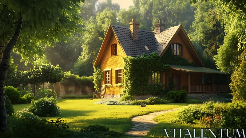 Sunlit ivy-clad cottage in forest-edge landscape rendering.