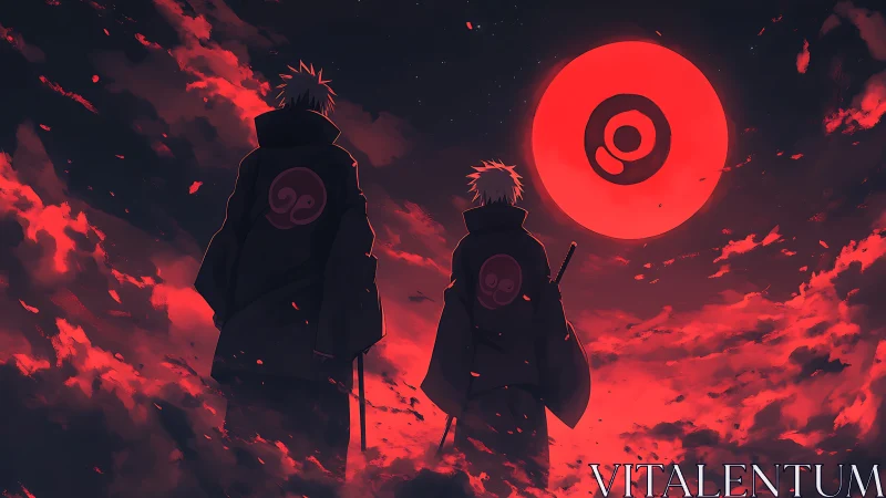 Two cloaked figures observe large red moon in stylized sky