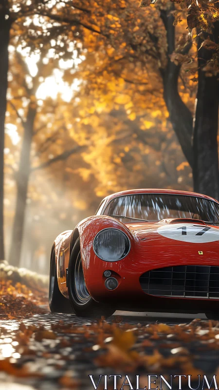 Autumn backlit classic racing coupe in shallow depth focus.