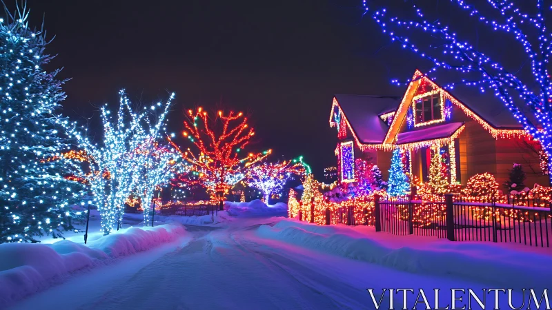 Cozy winter home glowing with colorful holiday lights.