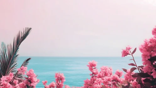 Pink coastal flowers frame turquoise sea under pastel sky