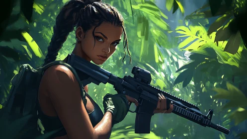 Jungle trailblazer pausing with steady eyes and ready focus.