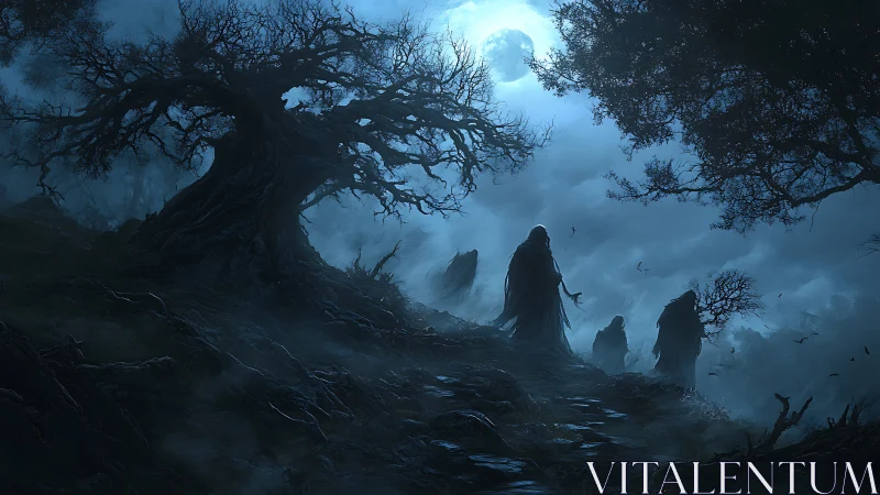 Moon-drowned wraiths climbing the crooked graveyard path.