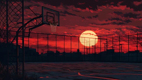 Outdoor basketball court stands under intense red sunset sky