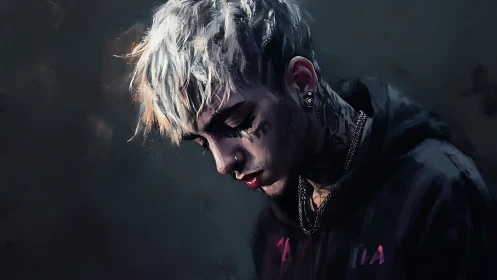 Ink-lit melancholy: tattooed youth bowed in painted twilight.