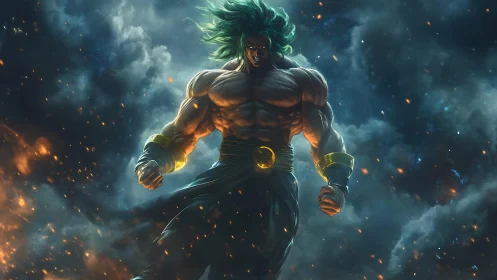 Mythic warrior channels cosmic fury amid burning storm.