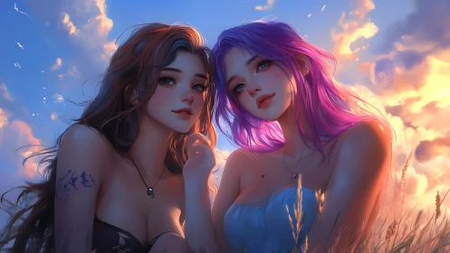 Sunset softness with two dreamy friends in glowing light.
