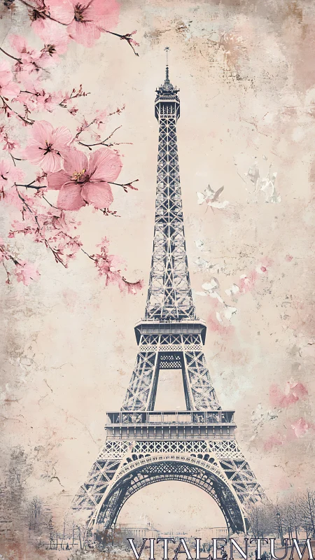 Blush blossom Parisian tower in dreamy vintage spring haze.