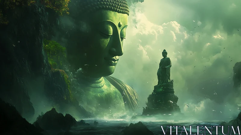 Emerald titan of serenity watches over mist crowned waters