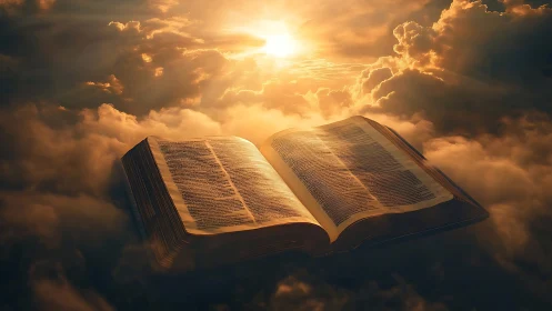 Heavenlit scripture drifts through clouds toward blazing dawn