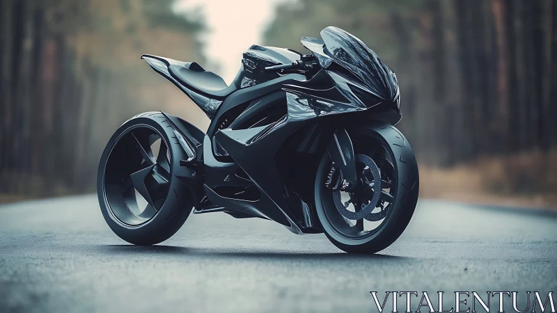 Futuristic black superbike renders aerodynamic form on forest road