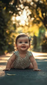 Joyful Toddler Crawling Through Golden Bokeh Light.