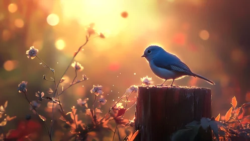 Backlit blue songbird on stump in shallow depth bokeh field