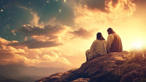 Two robed figures contemplate sunset sky from rocky hillside