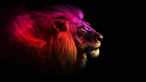 Neon-lit lion profile with magenta flame trail on black