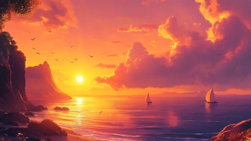Sunset sails drift through molten lavender and gold horizons.