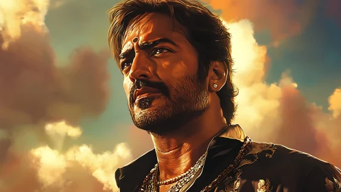 Man with beard and jewelry looks upward against cloudy sky