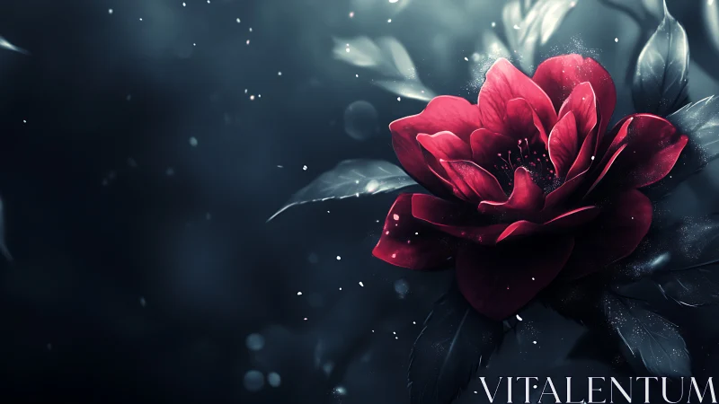 Crimson rose glows against icy blue bokeh night background.