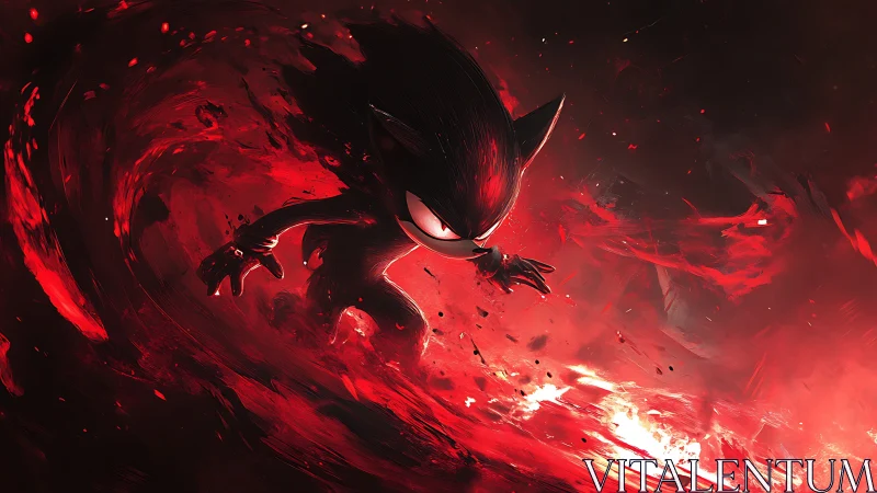 Shadowy speed-form amid turbulent red energy vortex field.