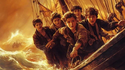 Storm-tossed wooden sailboat with five frightened boys aboard