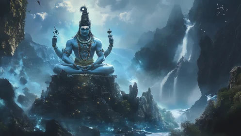 Mythic blue deity seated over misty waterfalls at dusk.