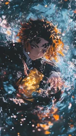 Storm-eyed warrior drifting through molten sapphire waters.