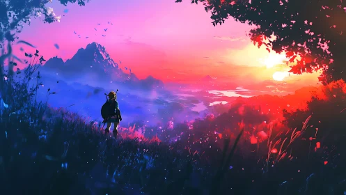 Heroic figure overlooking neon-tinted valley at radiant sunrise