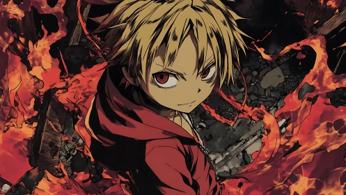 Fiery young hero spinning through a storm of embers.