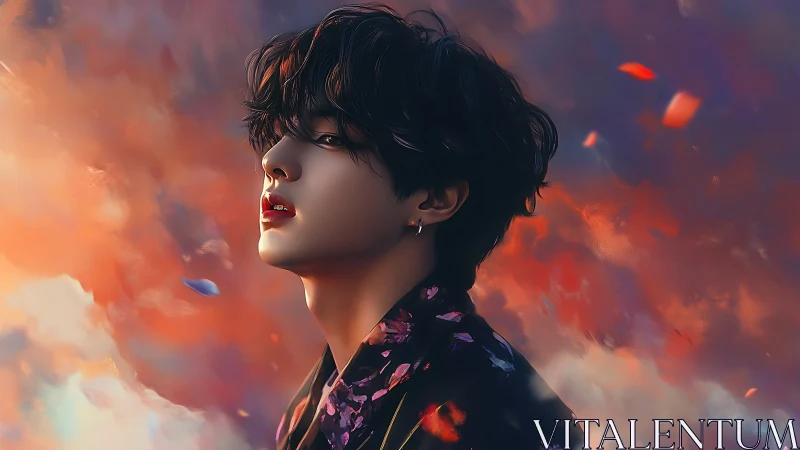 Digital portrait of wistful youth amid blazing sky ambience.