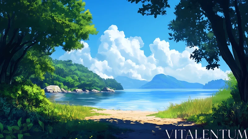 Serene Tropical Beach Framed by Ancient Forest Trees and Ocean Vista