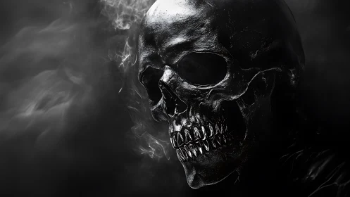 Rendered dark skull model emerges from diffuse grey smoke