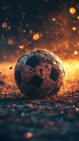 Mud-splattered soccer ball on wet ground under warm light.
