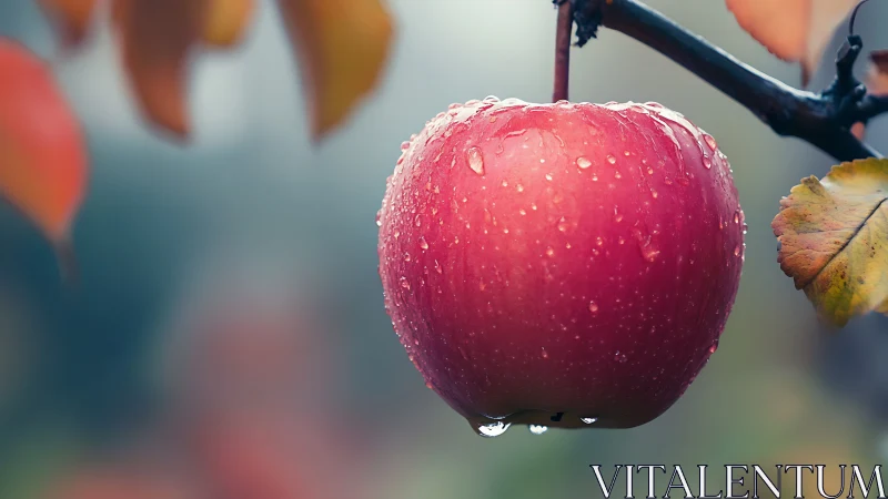 Ripe red apple hangs from branch after gentle autumn rain.