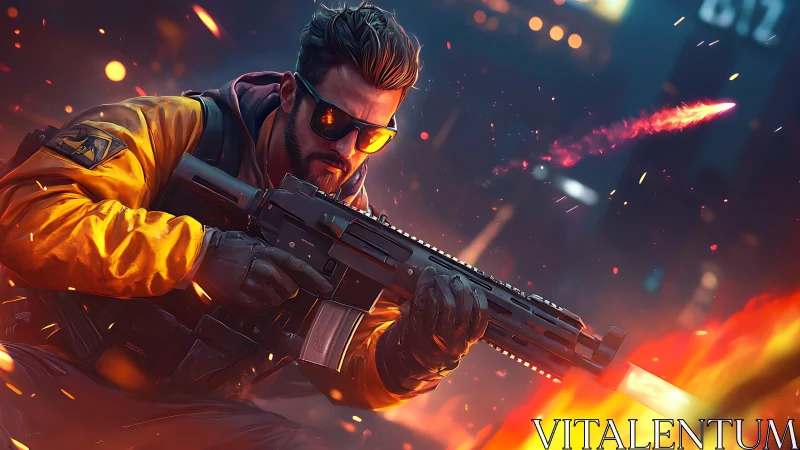 Urban commando in neon firefight with blazing rifle focus.