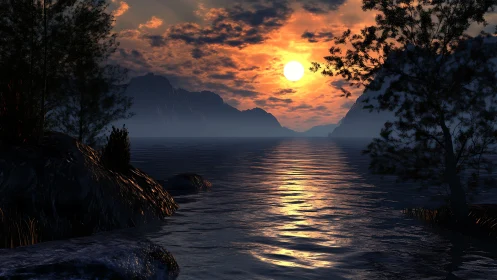 Sunset over reflective lake with silhouetted coastal trees.