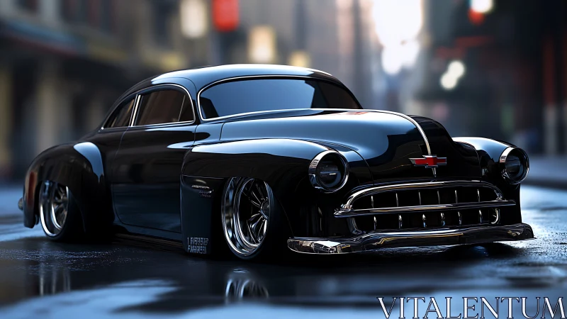 Low-slung black custom coupe with glossy reflections on wet asphalt