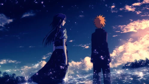 Two anime figures stand by reflective water at dusk.