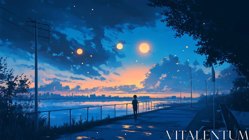 Three suns hover above a lonely riverside evening walk