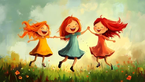 Three Red-Haired Girls Dancing in Sunlit Meadow.